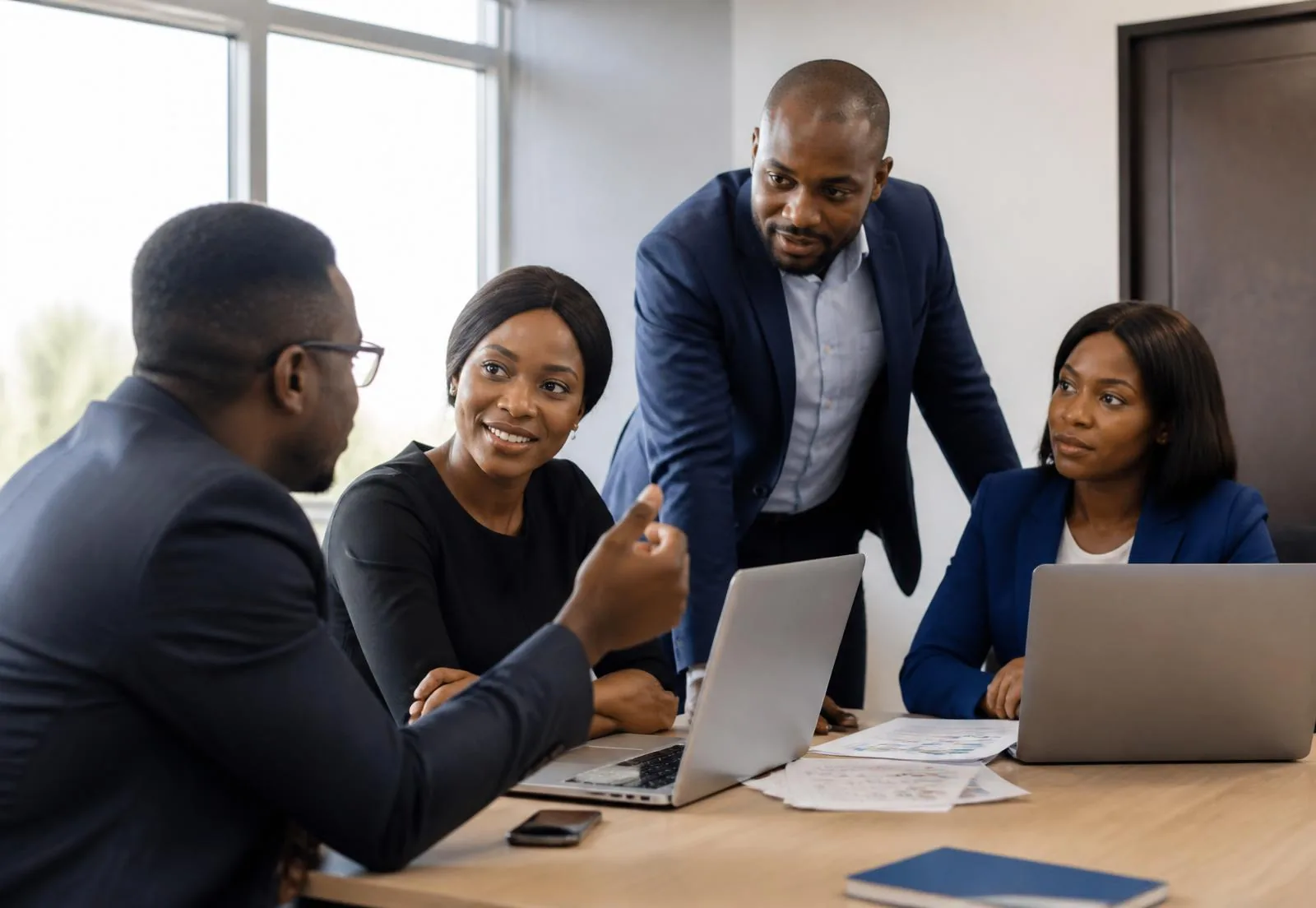 Team members working together in a bright professional office