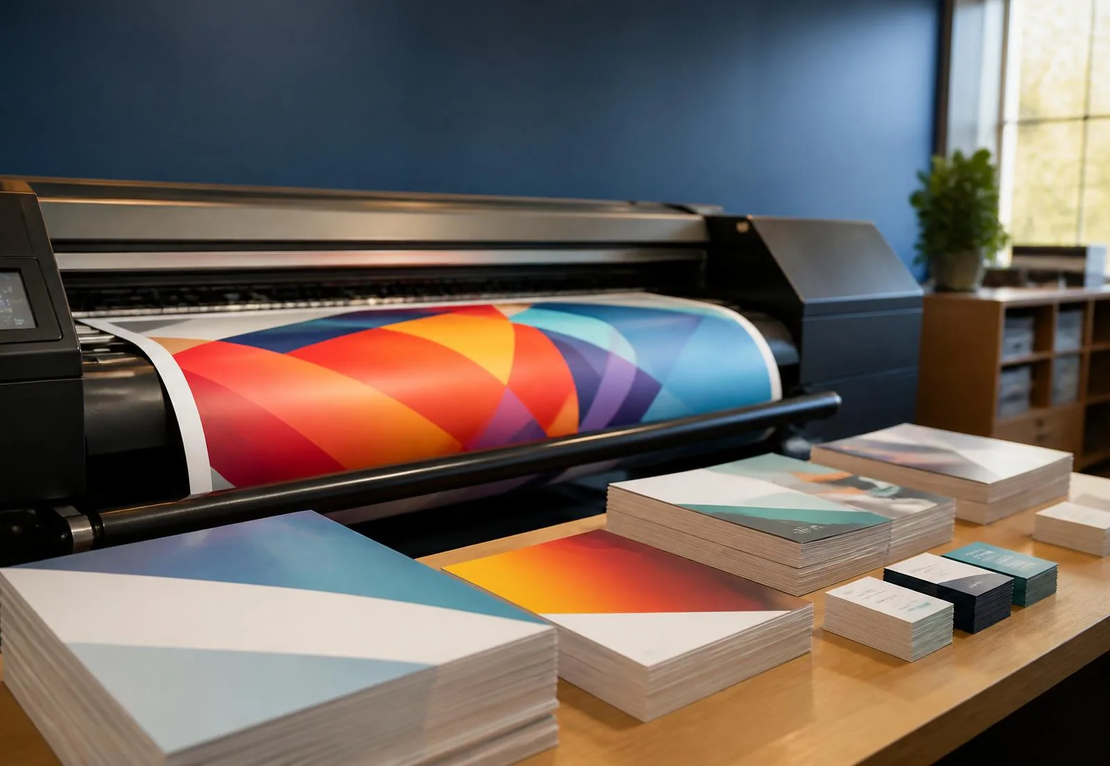 Wide-format printer producing a colour banner beside stacks of freshly printed documents