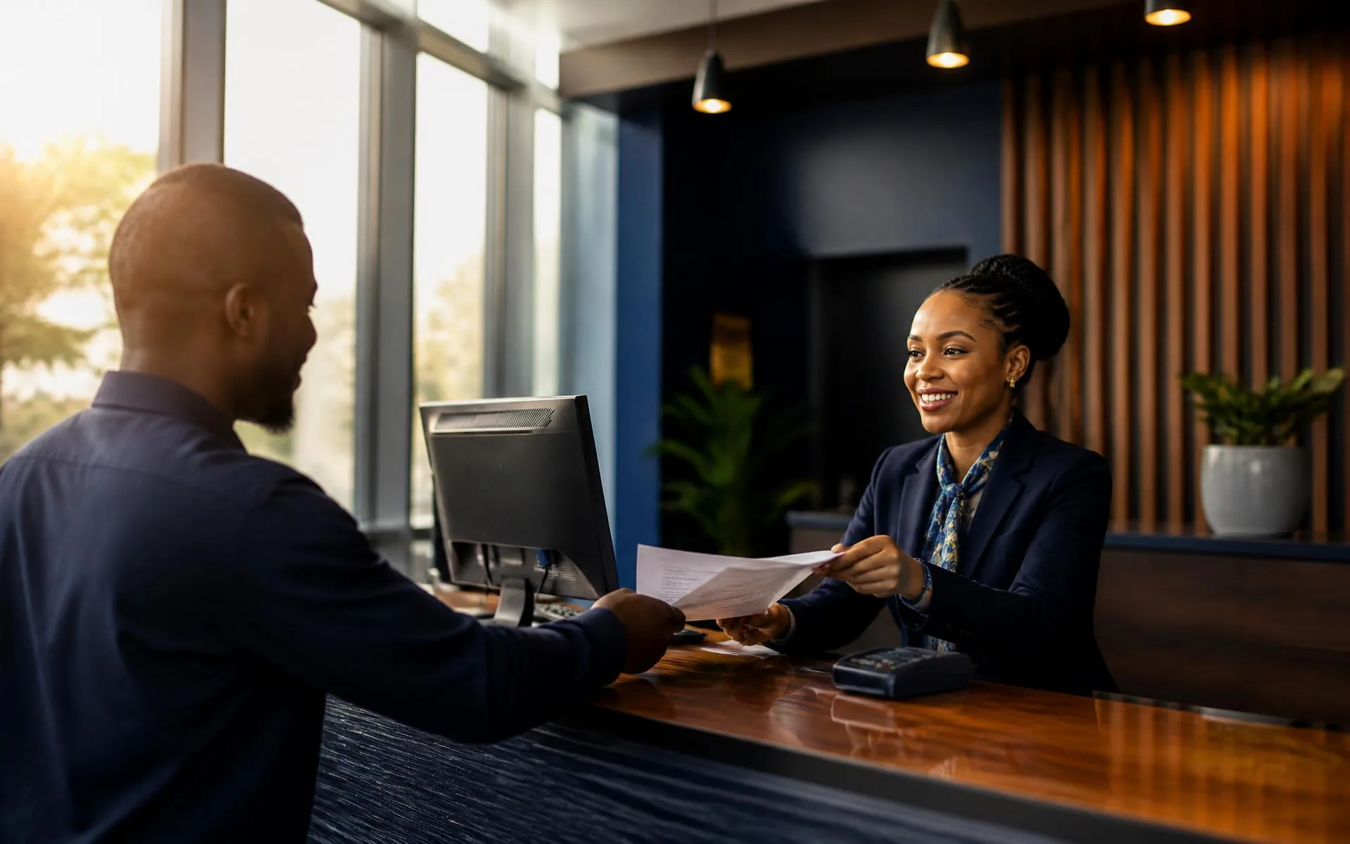 A Klaud Koncept staff member handing a completed document to a customer at the service counter